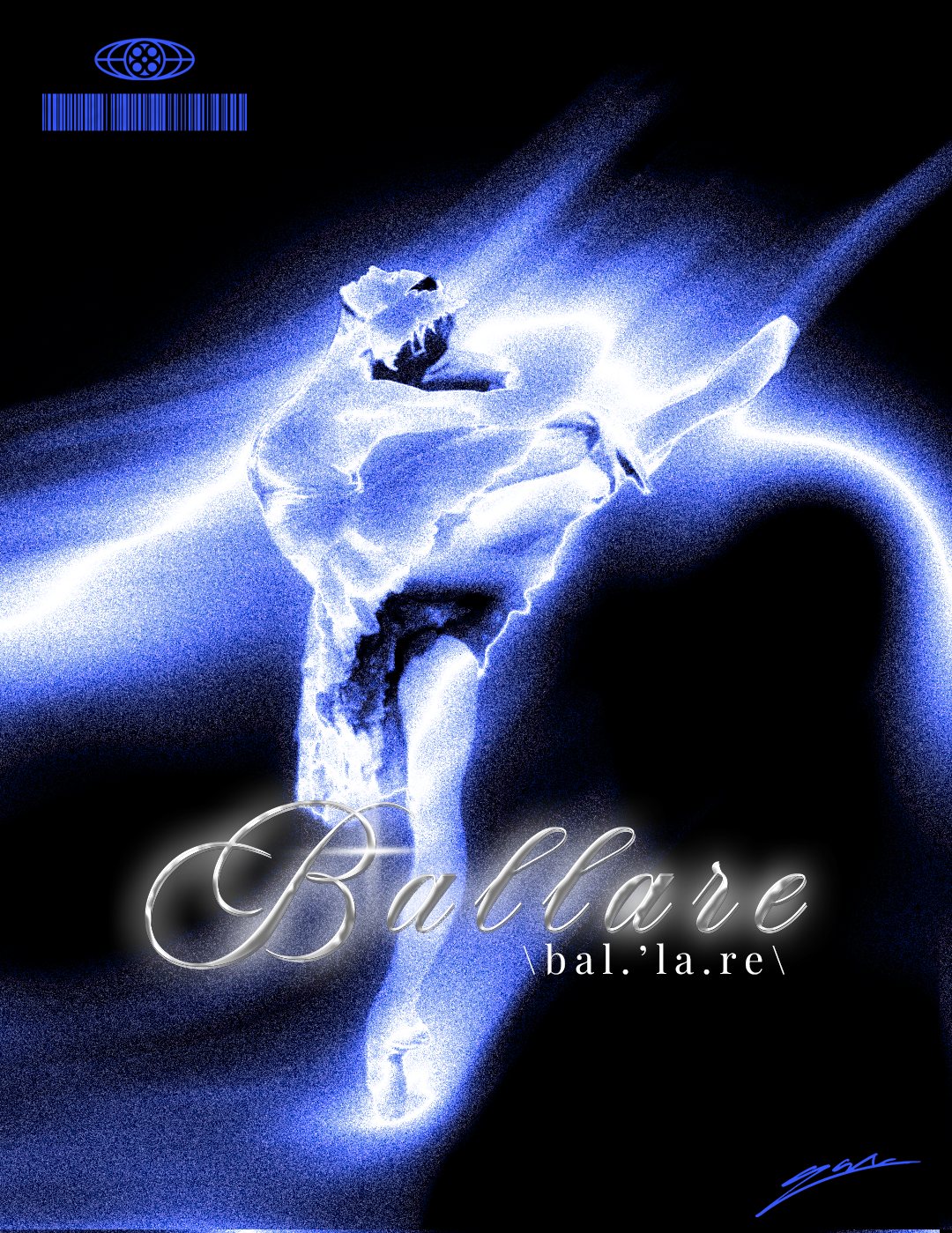 Affiche « Ballare » — danseuse en néon bleu électrique sur fond noir